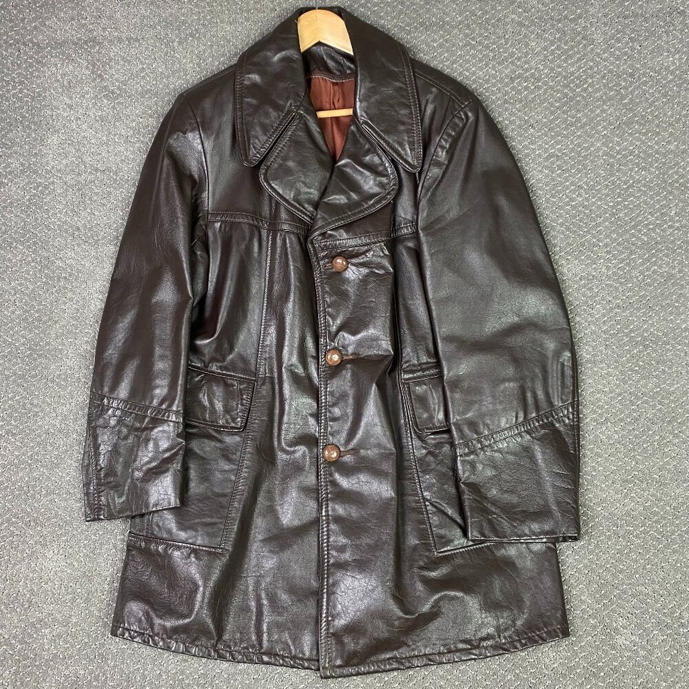 Vintage 70s Sears Leather Jacket Men's 42 Brown Fight Club Overcoat Over Coat